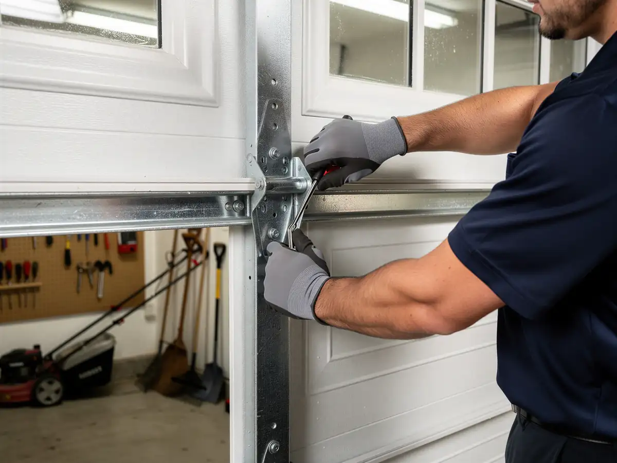 A technician wearing gloves adjusts a white garage door hinge with a screwdriver.