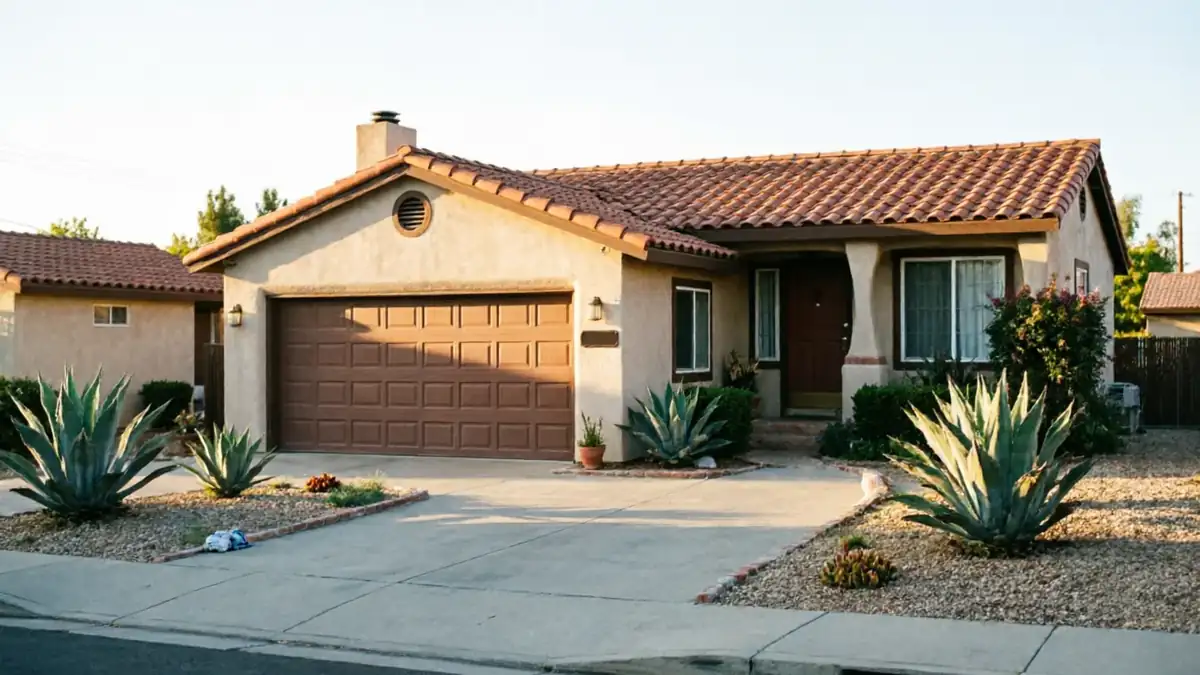 The house has a brown garage door, a tiled roof, and agave plants in the yard.