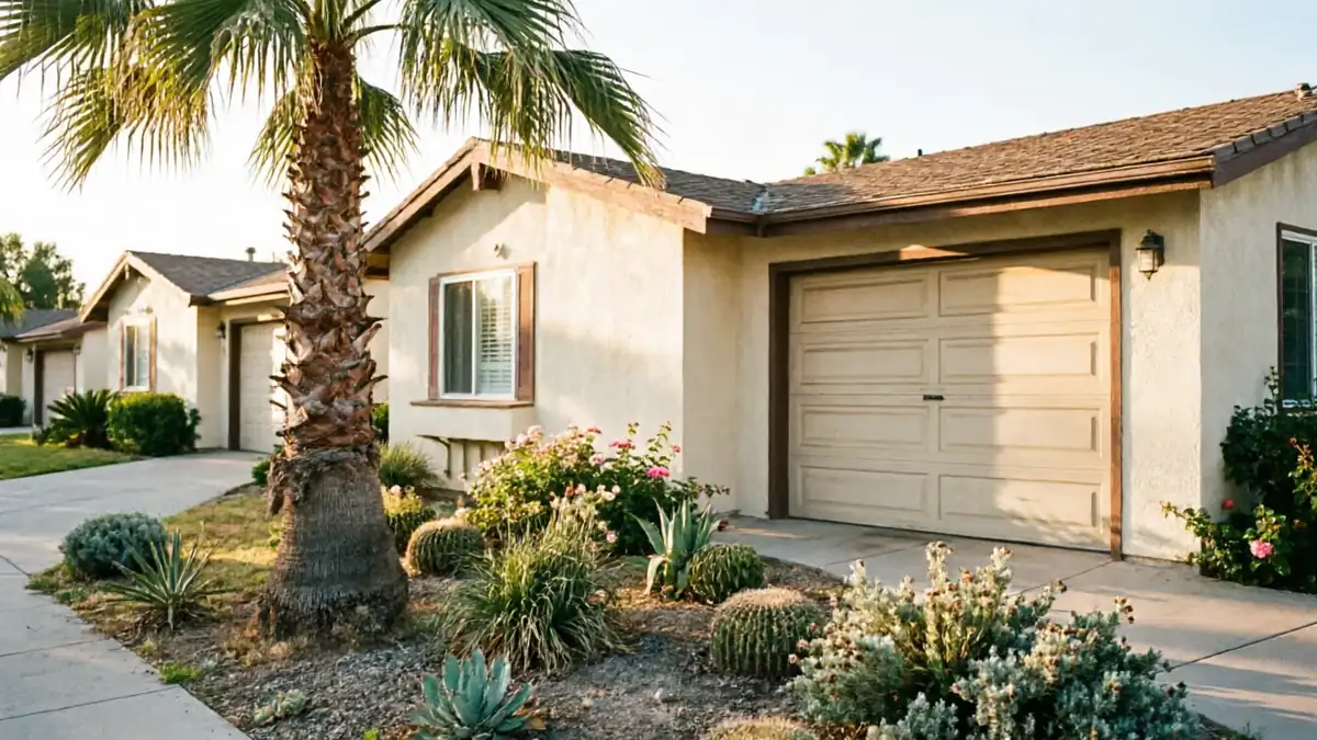 A beige garage door is on a stucco house with a palm tree and desert landscaping.