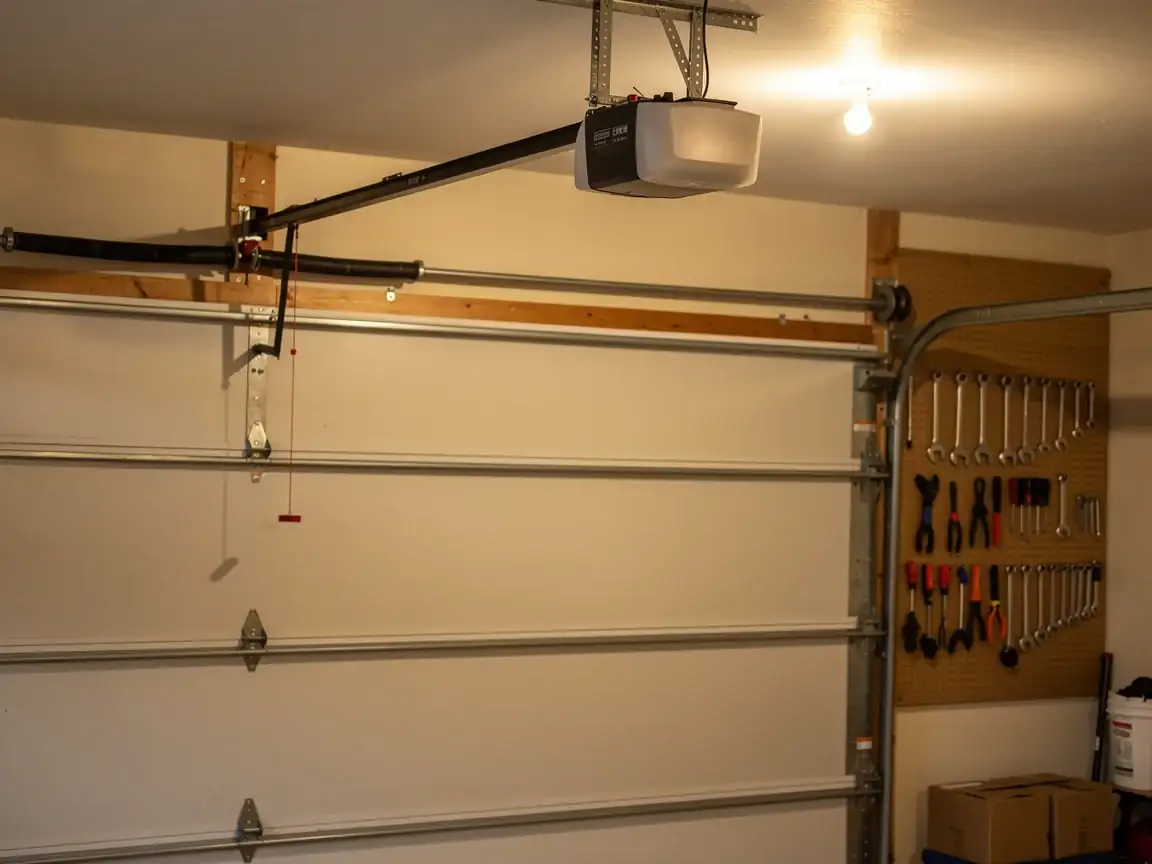 A garage door opener is mounted above a white garage door with a torsion spring.