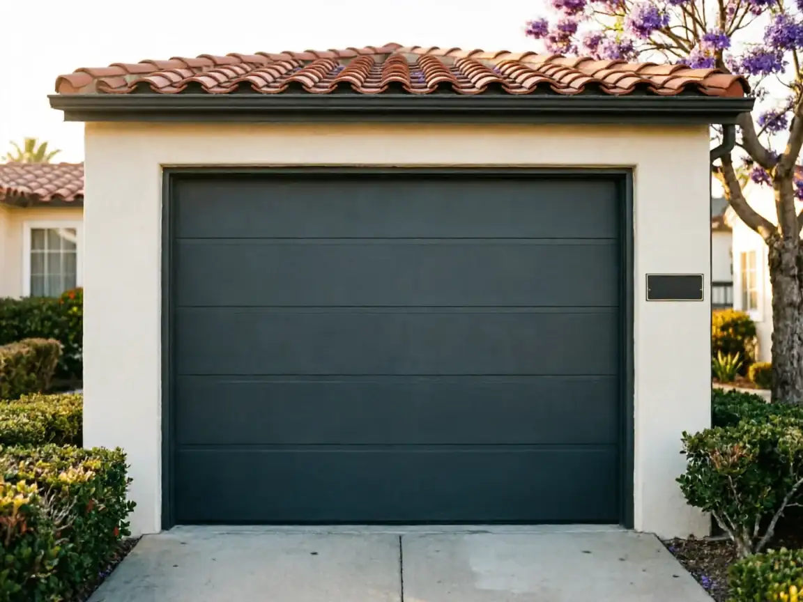 A dark gray garage door is set into a white stucco wall with a red tile roof.