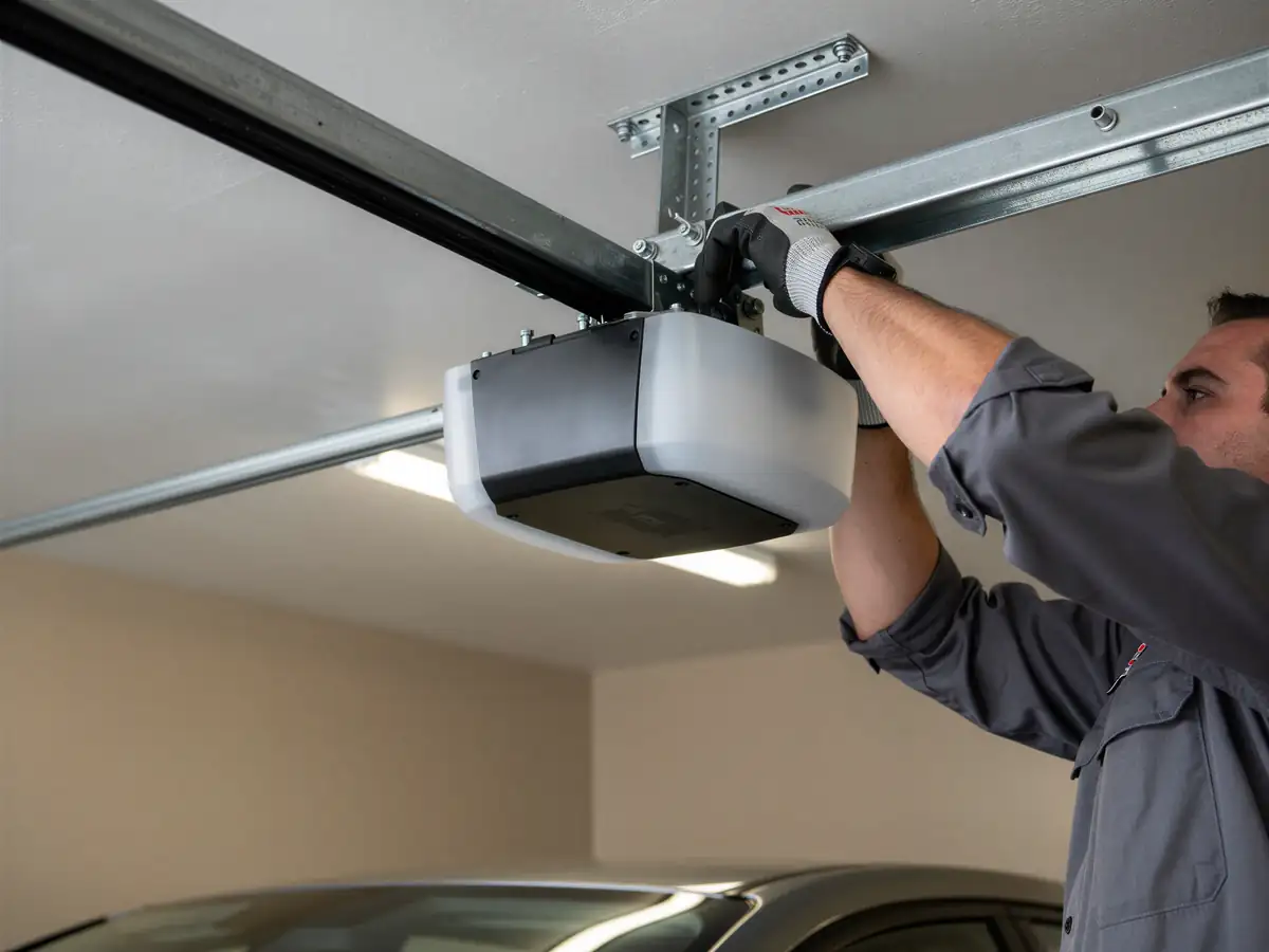 A technician installs a garage door opener on the ceiling of a garage.